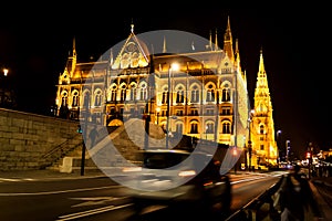 Night view of the illuminated building of the hungarian parliament in budapest