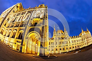 Night view of the illuminated building of the Hungarian parliament in Budapest