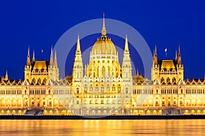 Night view of the illuminated building of the hungarian parliament in Budapest