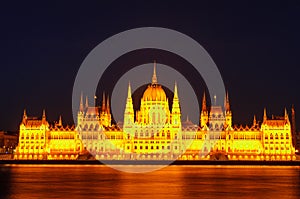 Night view of the illuminated building of the Hungarian Parliament in Budapest.