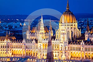 Night view of illuminated Hungarian Parliament Building. Budapest, Hungary