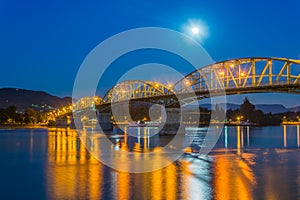 Night view of the illuminated Maria Valeria bridge over danube river in esztergom, Hungary...IMAGE