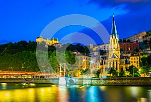 Night view of illuminated Saint Georges church in Lyon, France