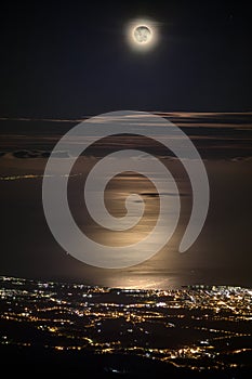 Night View Illuminated Sicilian Ionian Coast With Full Moon