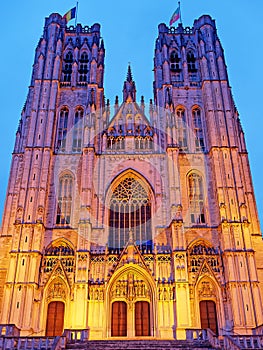 Night view illuminated St. Michael and St. Gudula Cathedral Brussels Bruxelles Belgium