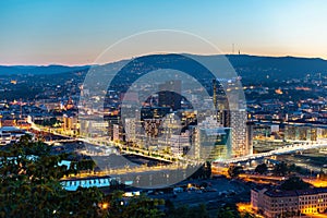 Night view of illuminated street in the Oslo business center. Modern architecture in Norway