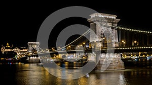 Night view of the Illuminated Szechenyi Chain Bridge. Budapest, Hungary