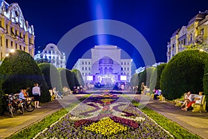 night view of the illuminated victory square - piata victoriei in romanian city timisoara - temesvar in banat province