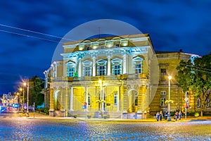Night view of the illuminated Wroblewski Library of the Lithuanian Academy of Sciences in Vilnius....IMAGE