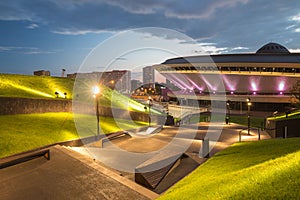 Night view of the International Conference Center in Katowice