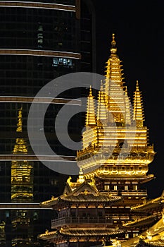 Night view of Jing\'an Temple in Shanghai, close-up of the pagoda, taken in Shanghai, China