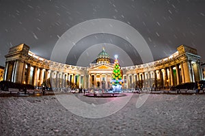 Night view of the Kazan Cathedral in Saint-Petersburg in the winter New Year.