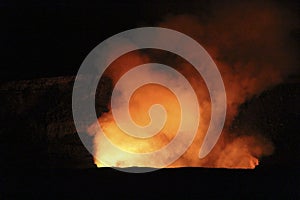 Night view of the Kilauea caldera at night, with lava glow, Big Island, Hawaii