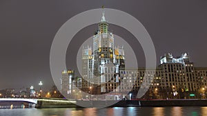 Night view of the Kotelnicheskaya Embankment Building in Moscow timelapse, Russia.