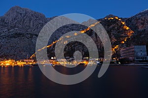 Night view of Kotor Fortress wall