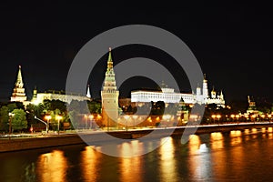 Night view of the Kremlin and the Moskva River, Moscow, Russia.