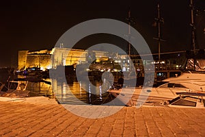 Night view of the Kyrenia Castle and old harbour in Northern Cyprus.