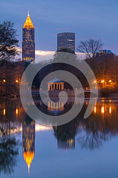 Night view of Lake Clara Meer and skyscrapers, Atlanta, USA