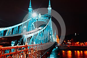 Night view of the Liberty bridge at Budapest, Hungary