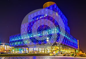 Night view of the Library of Birmingham, England
