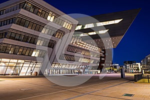 Night view of Library and Learning Center by Zaha Hadid in Vienna University of Economics and Business