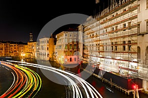 NIght view with light trails of Canal Grande from famous Rialto Bridge, Venice