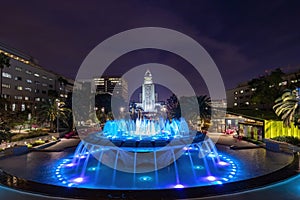 Night view of Los Angeles City Hall and Arthur J. Will Memorial Fountain