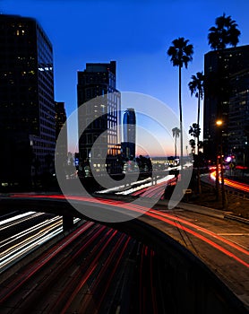 Night view of Los Angeles freeway and buildings