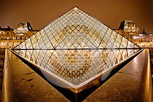 Night view of Louvre Art Museum, Paris, France.