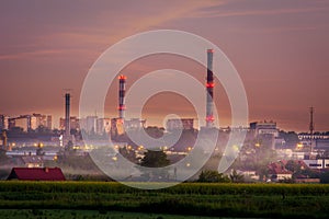 Night view of Lublin and the heat and power plant.