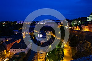 Night view of Luxembourg on Alzette river