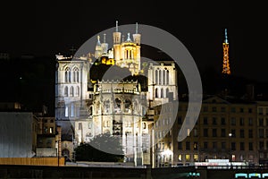Night view of Lyon with the The La Fourviere Church