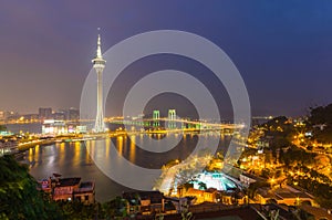 Night view of macau tower and sai van bridge at macau china