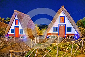 Night view of Madeira island rural traditional house sunset village landscape, Portugal. City of Santana
