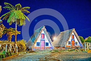 Night view of Madeira island rural traditional house sunset village landscape, Portugal. City of Santana