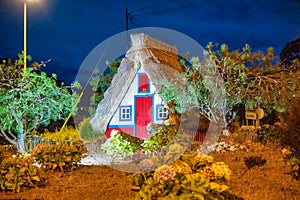Night view of Madeira island rural traditional house sunset village landscape, Portugal. City of Santana