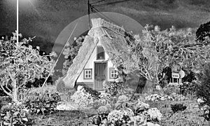 Night view of Madeira island rural traditional house sunset village landscape, Portugal. City of Santana