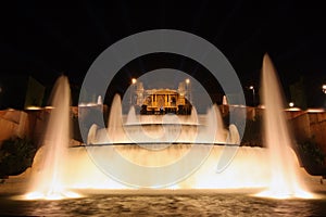 Night view of Magic Fountain light show in Barcelona, Spain