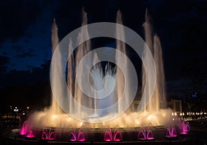 Night view of magical Montjuic fountain show in Barcelona