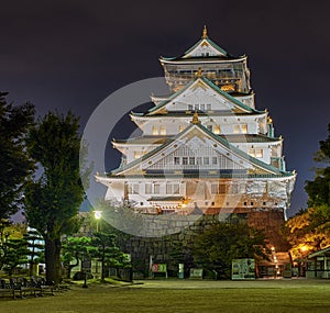 Night view of the main keep of the Osaka castle in Osaka, Japan