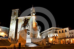 Night view of the main square of Trujillo (Spain)