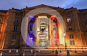 Night view of the Mairie du Ve arrondissement city hall near the Pantheon on the Montagne Ste Genevieve in the Latin