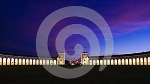 Night view of the majestic and imposing columned facade Barchessa or barn wing of Villa Manin