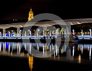 Night view of Malaga port with cathedral in background