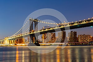 Night view of the Manhattan Bridge and New York City skyline