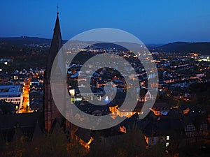 Night view of Marburg with castle on the hill, Germany