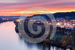 Night view of marina situated behind the vysehrad castle in prague