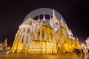 Night view of the Matthias Church in Budapest Hungary