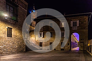 A night view of the medieval center of Vitoria Gasteiz with Los Arquillos in the background