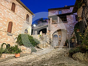 Night view of the medieval town of Spello in Umbria, Italy